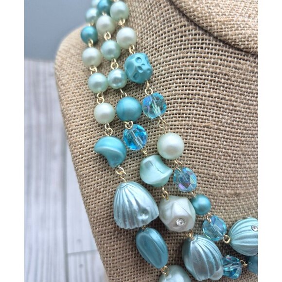 Vintage Aqua Blue Multistrand Collar Necklace Japan Signed Hook Clasp Crystals - Picture 4 of 9